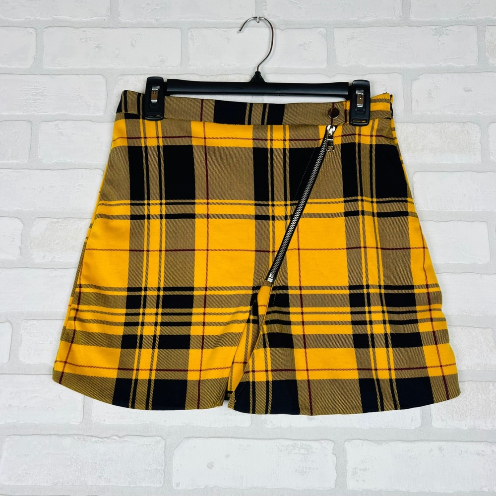 Yellow Plaid Zipper Front Skort 90s Schoolgirl Tartan Mini Skirt Shorts Womens M